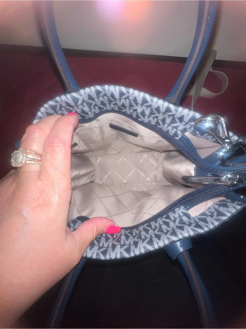 Michael Kors Gray MK Logo Satchel with Black Handles and Cream Strap